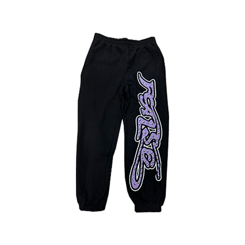 FALSE MEMORIES FALSE SIDE LETTERMENT RHINESTONE SWEAT PANTS BLACK AND PINK