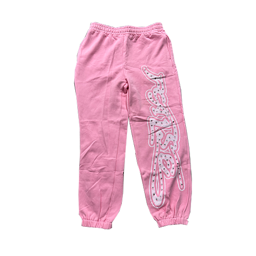 FALSE MEMORIES FALSE SIDE LETTERMENT RHINESTONE SWEAT PANTS BLACK AND PINK